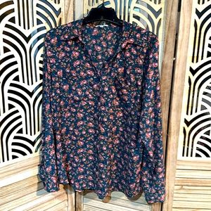 Long sleeve teal shirt with pink and beige floral design